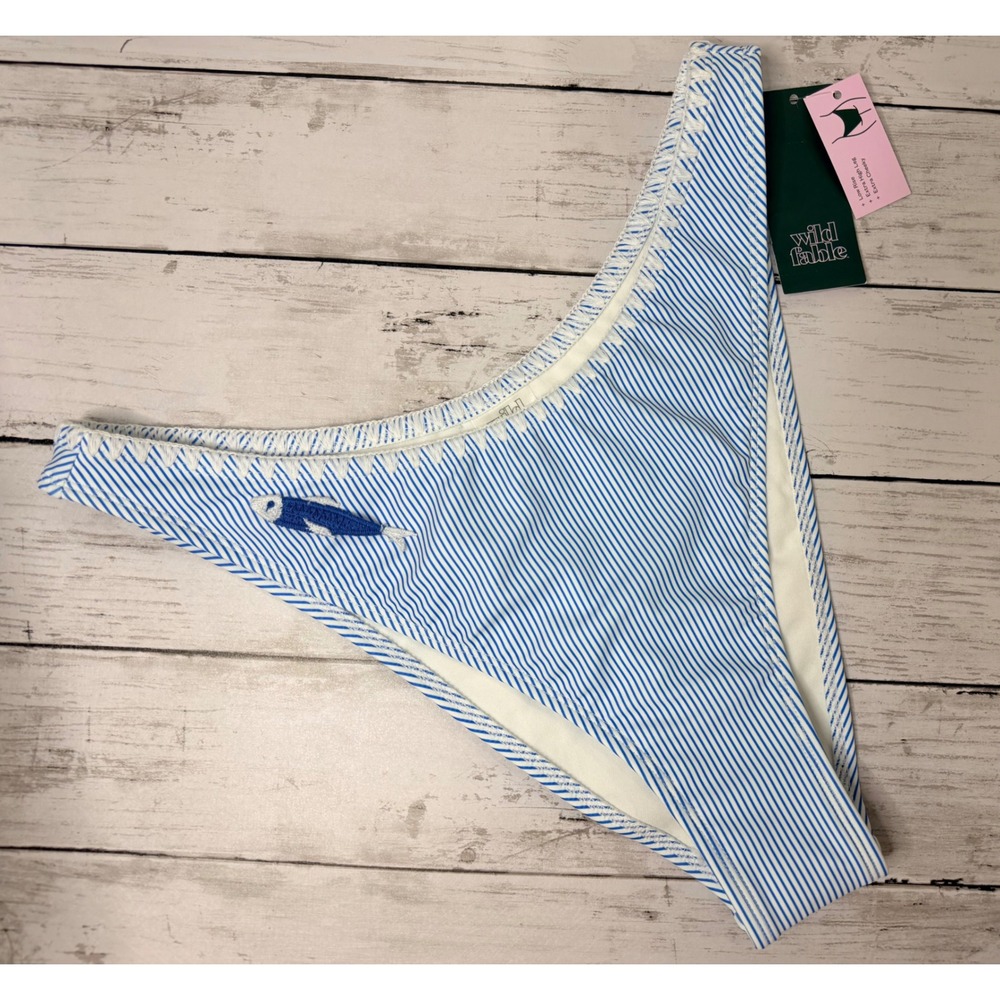 Wild Fable Blue White Striped Fish Bikini Bottom Extra High Leg Cheeky Large NWT
